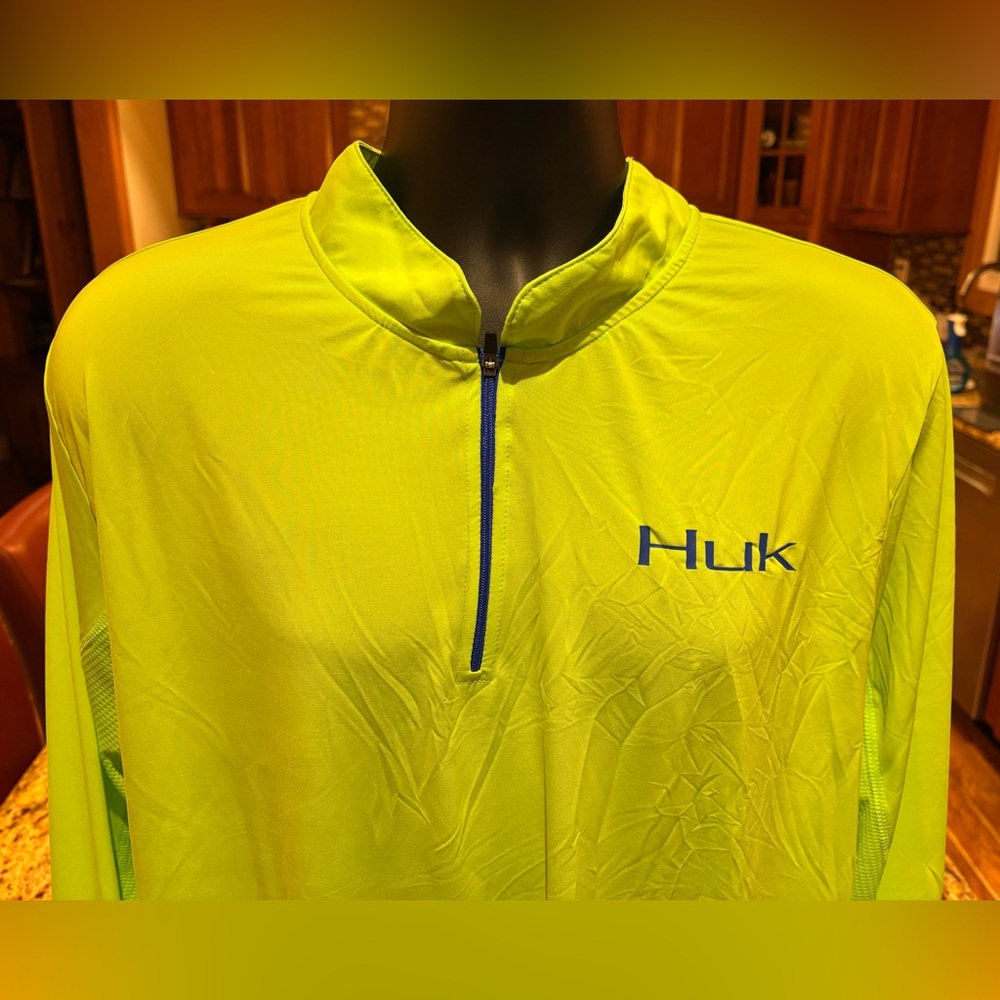Huk Bright Green 1/4 zip Performance Pullover. Neon green with logos front/back - Picture 5 of 6